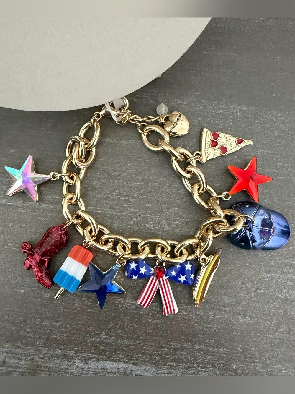 Betsey Johnson Americana Patriotic USA Theme Charm Bracelet Gold Tone NWT